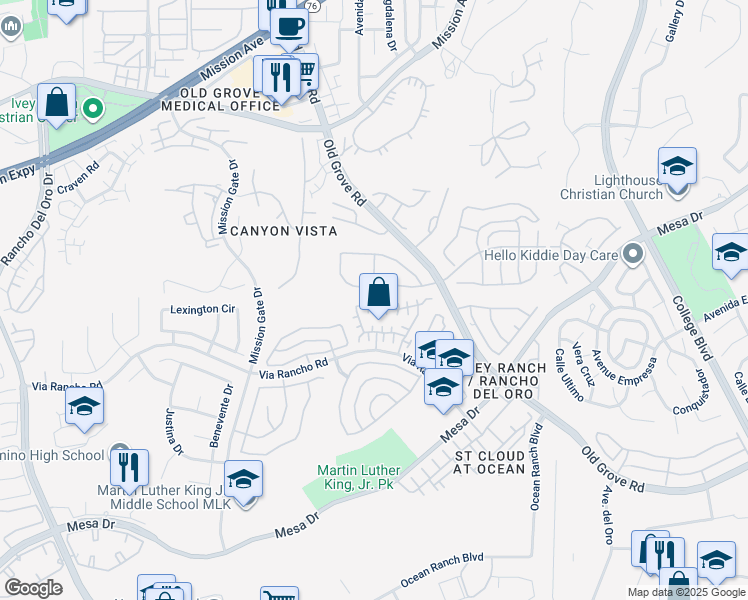 map of restaurants, bars, coffee shops, grocery stores, and more near 4240 Milano Way in Oceanside