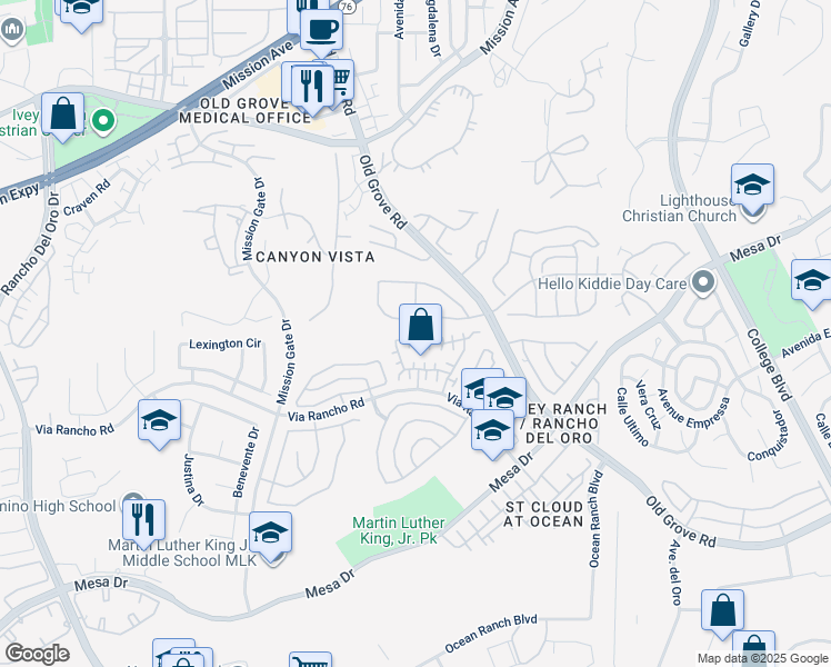 map of restaurants, bars, coffee shops, grocery stores, and more near 4240 Milano Way in Oceanside