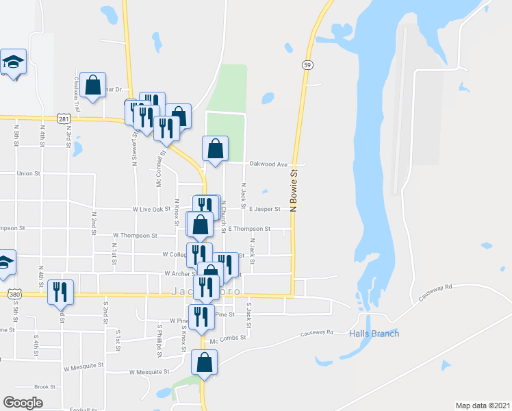 map of restaurants, bars, coffee shops, grocery stores, and more near 311 East Jasper Street in Jacksboro