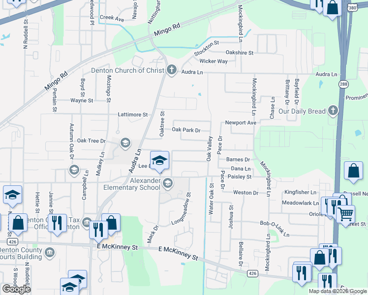 map of restaurants, bars, coffee shops, grocery stores, and more near 2401 Timber Trail in Denton