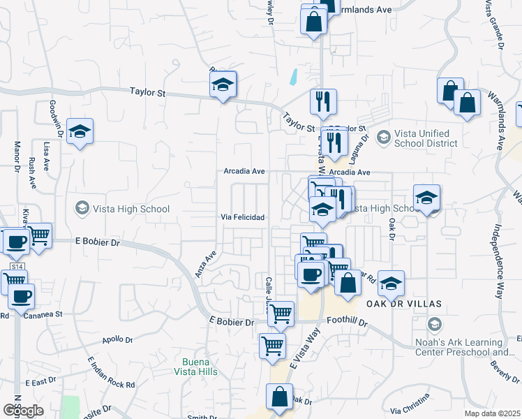 map of restaurants, bars, coffee shops, grocery stores, and more near 1607 Calle Bienvenido in Vista