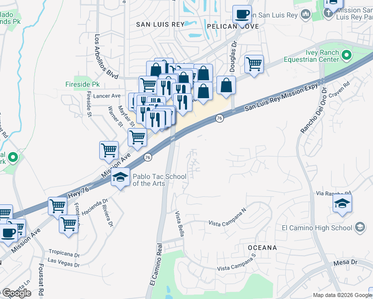 map of restaurants, bars, coffee shops, grocery stores, and more near 217 Stage Coach in Oceanside