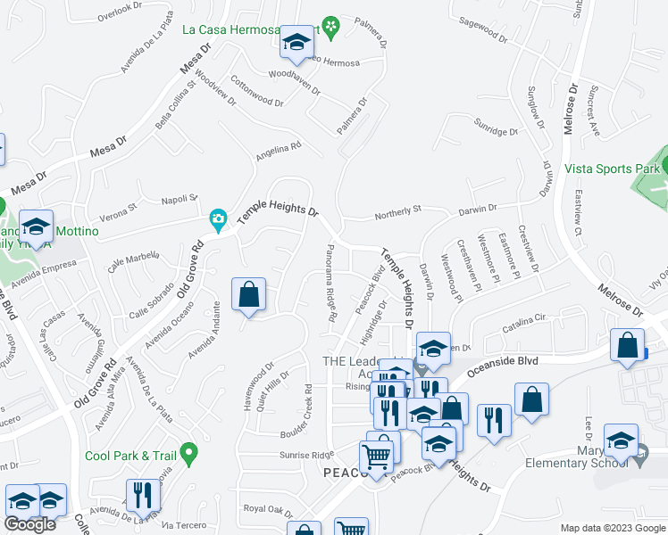 map of restaurants, bars, coffee shops, grocery stores, and more near 1388 Panorama Ridge Road in Oceanside