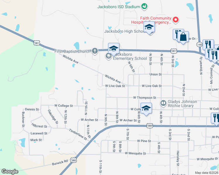 map of restaurants, bars, coffee shops, grocery stores, and more near 1122 West Live Oak Street in Jacksboro