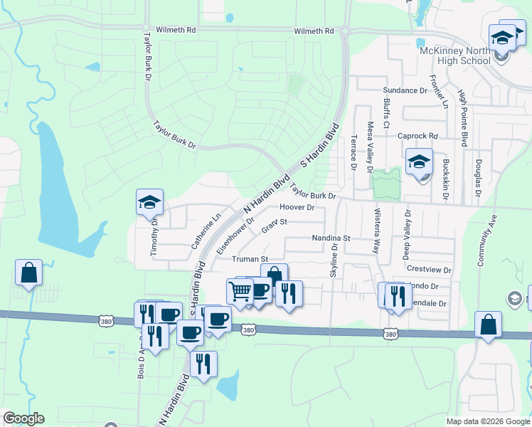 map of restaurants, bars, coffee shops, grocery stores, and more near 2508 Eisenhower Drive in McKinney