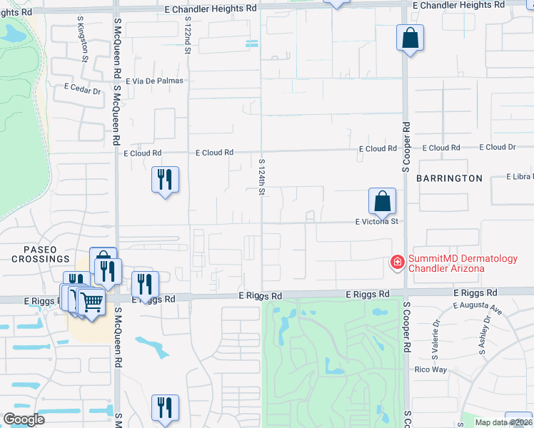 map of restaurants, bars, coffee shops, grocery stores, and more near 24619 South 124th Street in Chandler