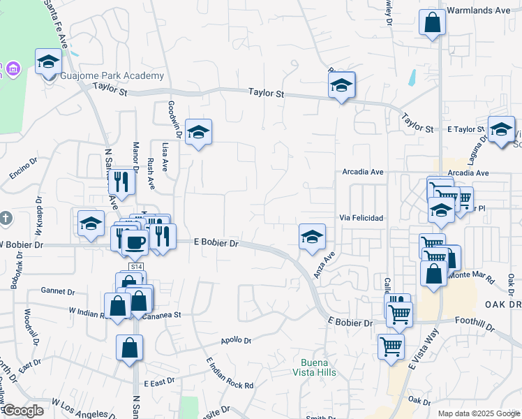 map of restaurants, bars, coffee shops, grocery stores, and more near 1630 San Luis Rey Avenue in Vista