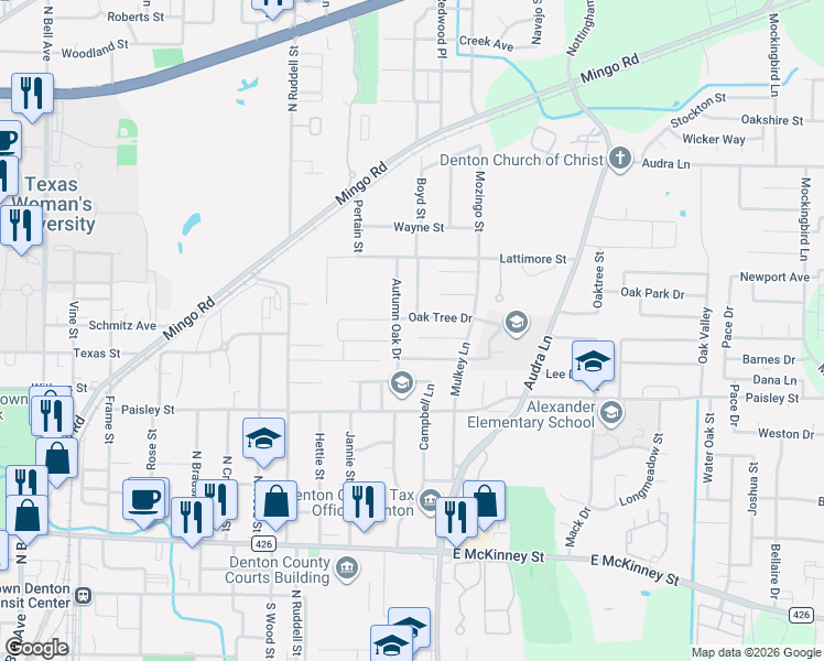 map of restaurants, bars, coffee shops, grocery stores, and more near 1101 Pin Oak Drive in Denton