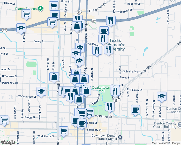map of restaurants, bars, coffee shops, grocery stores, and more near 200 Sawyer Avenue in Denton