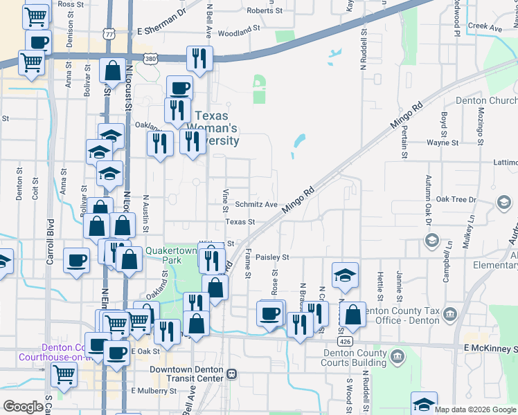 map of restaurants, bars, coffee shops, grocery stores, and more near 737 Schmitz Avenue in Denton