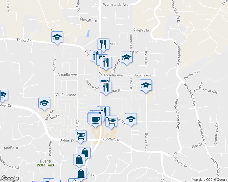 map of restaurants, bars, coffee shops, grocery stores, and more near 1106 Madera Lane in Vista