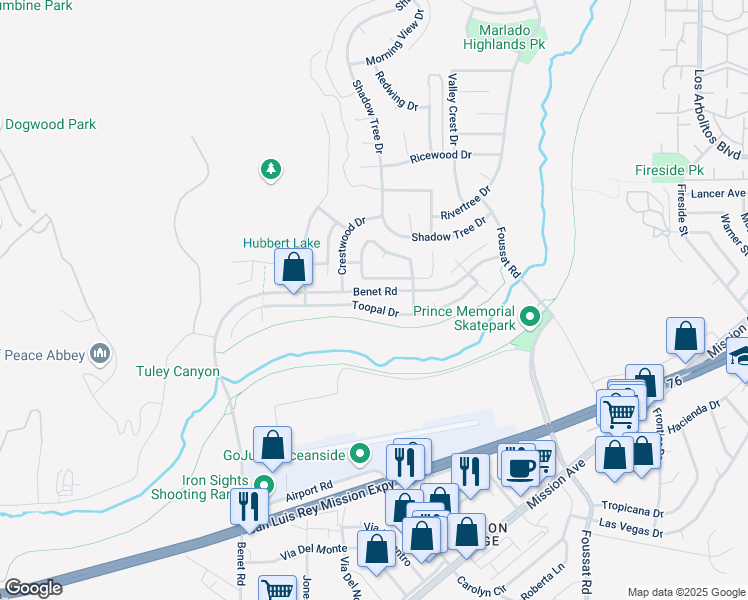 map of restaurants, bars, coffee shops, grocery stores, and more near 3272 Canyon View Drive in Oceanside
