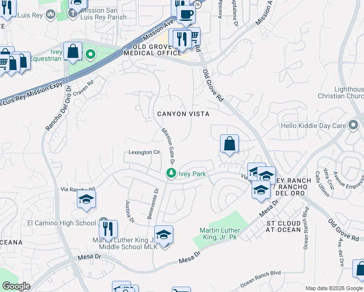 map of restaurants, bars, coffee shops, grocery stores, and more near 252 Canyon Creek Way in Oceanside