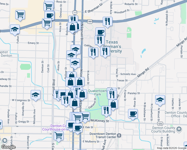 map of restaurants, bars, coffee shops, grocery stores, and more near 1013 Oakland Street in Denton