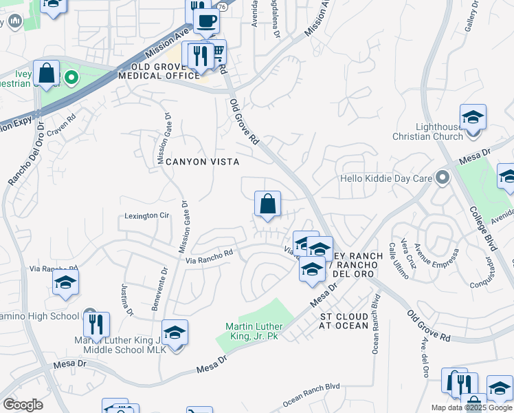 map of restaurants, bars, coffee shops, grocery stores, and more near 4130 Milano Way in Oceanside