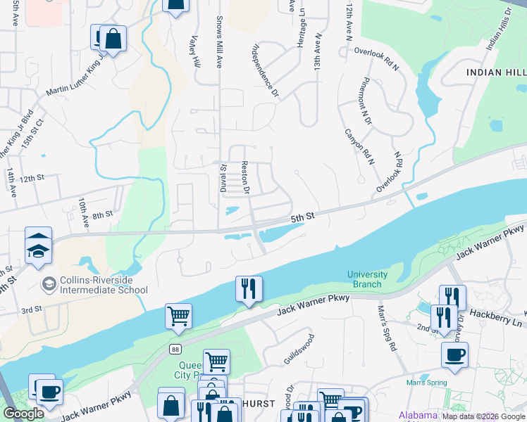 map of restaurants, bars, coffee shops, grocery stores, and more near 1606 Bellingrath Drive in Tuscaloosa