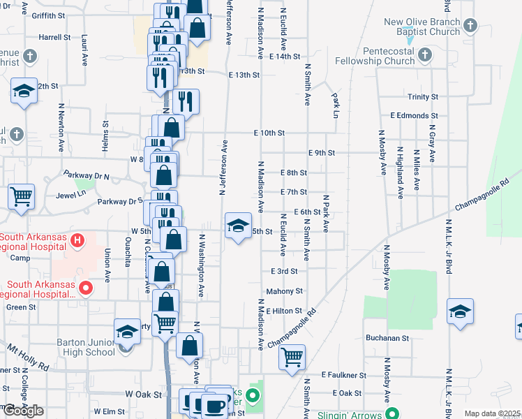 map of restaurants, bars, coffee shops, grocery stores, and more near 1212 North Madison Avenue in El Dorado