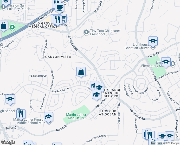 map of restaurants, bars, coffee shops, grocery stores, and more near 4730 Milano Way in Oceanside