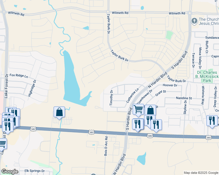 map of restaurants, bars, coffee shops, grocery stores, and more near 2217 Timothy Drive in McKinney