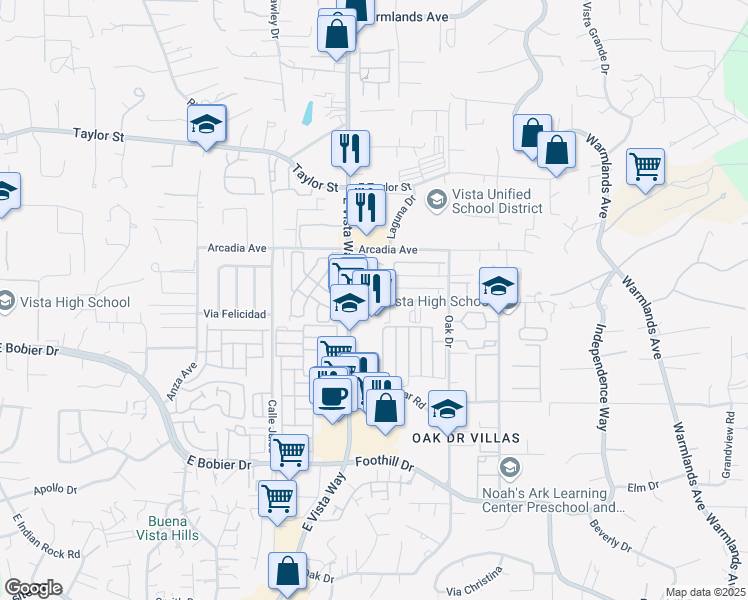 map of restaurants, bars, coffee shops, grocery stores, and more near Palomar Place & Madera Lane in Vista