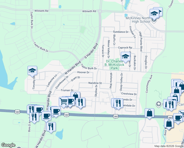 map of restaurants, bars, coffee shops, grocery stores, and more near 3001 Hoover Drive in McKinney
