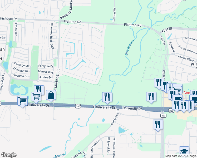 map of restaurants, bars, coffee shops, grocery stores, and more near 1151 Oakbrook Street in Prosper