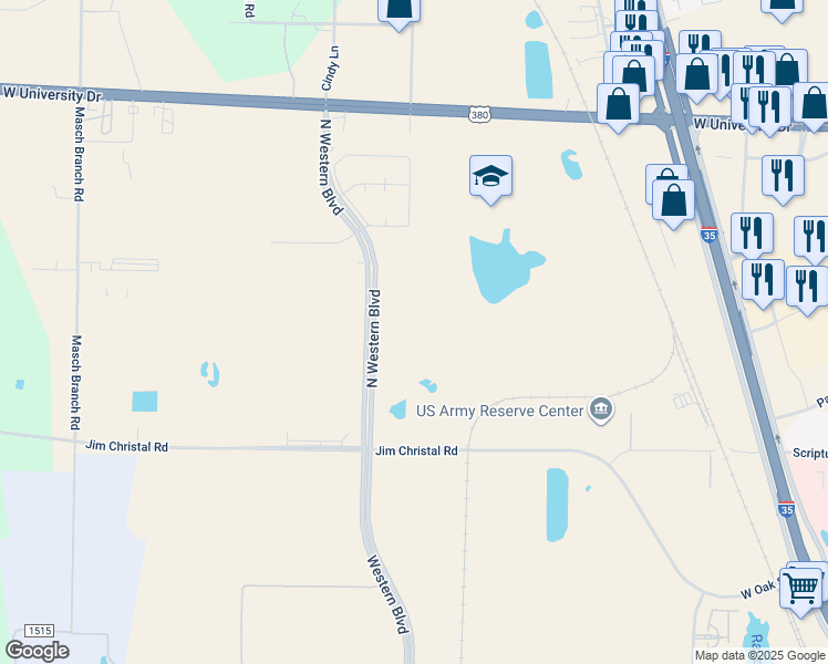 map of restaurants, bars, coffee shops, grocery stores, and more near 900 Western Boulevard in Denton