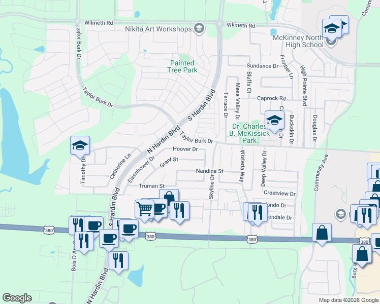 map of restaurants, bars, coffee shops, grocery stores, and more near 3100 Hoover Drive in McKinney