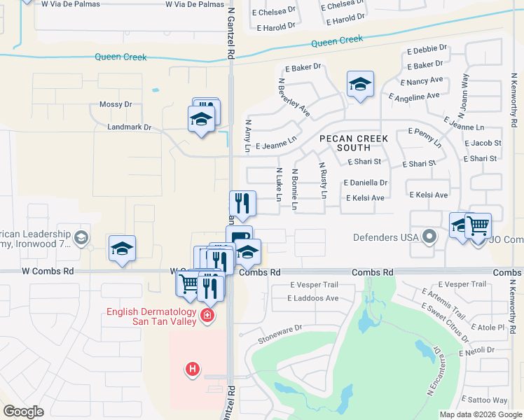map of restaurants, bars, coffee shops, grocery stores, and more near 422 East Leslie Avenue in San Tan Valley