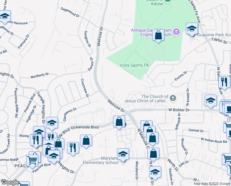 map of restaurants, bars, coffee shops, grocery stores, and more near 1518 Pepperwood Way in Oceanside