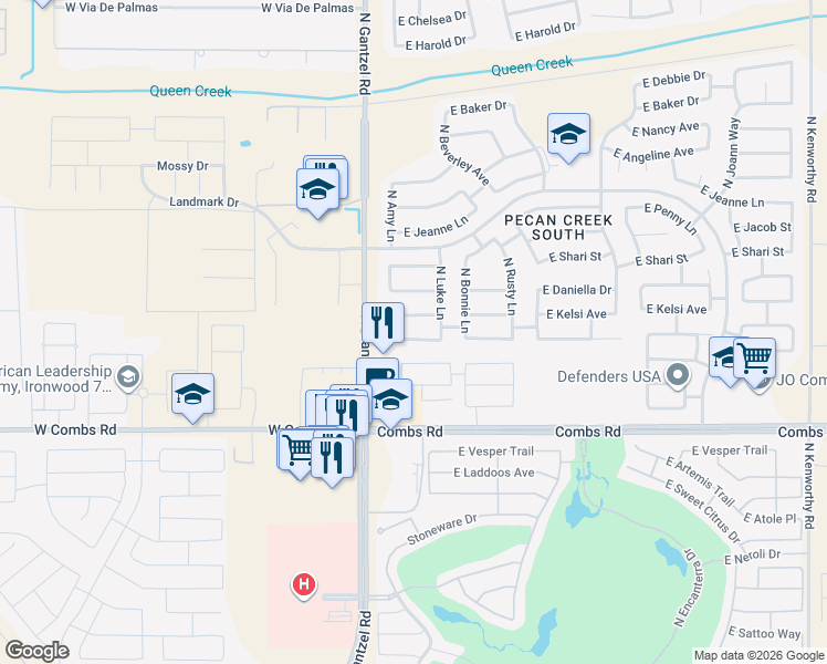 map of restaurants, bars, coffee shops, grocery stores, and more near 422 East Leslie Avenue in Queen Creek