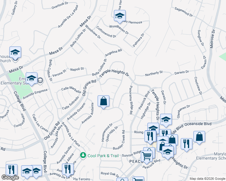 map of restaurants, bars, coffee shops, grocery stores, and more near 4628 Windfall Terrace in Oceanside