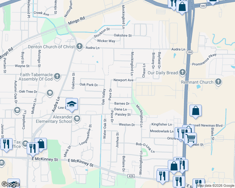 map of restaurants, bars, coffee shops, grocery stores, and more near 705 Allise Circle in Denton