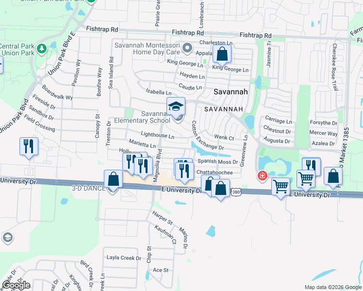 map of restaurants, bars, coffee shops, grocery stores, and more near 1022 Lighthouse Lane in Denton County