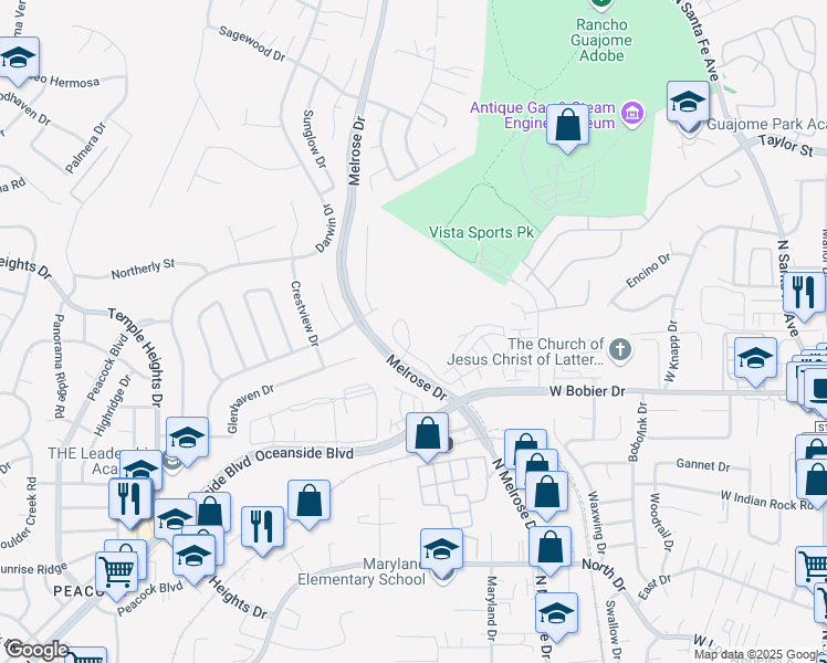 map of restaurants, bars, coffee shops, grocery stores, and more near 1518 Pepperwood Way in Oceanside