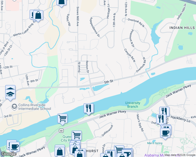 map of restaurants, bars, coffee shops, grocery stores, and more near 1502 Bellingrath Drive in Tuscaloosa