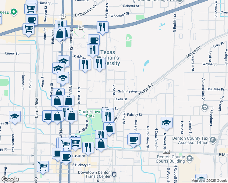map of restaurants, bars, coffee shops, grocery stores, and more near 2700 Vine Street in Denton