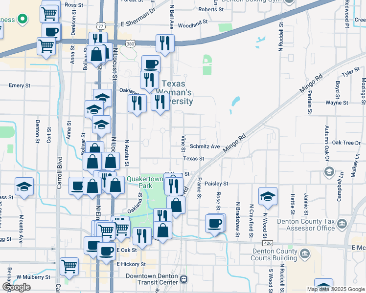 map of restaurants, bars, coffee shops, grocery stores, and more near 598 Schmitz Avenue in Denton