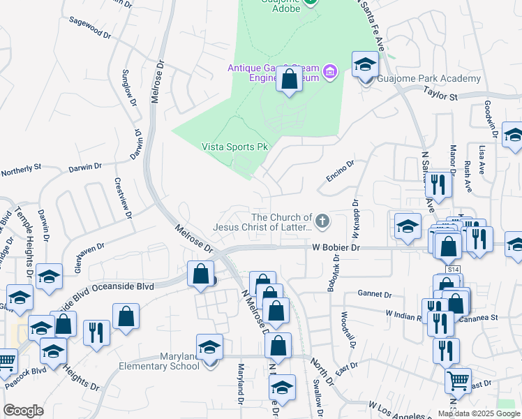 map of restaurants, bars, coffee shops, grocery stores, and more near 1499 Leonis Place in Vista