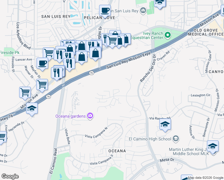map of restaurants, bars, coffee shops, grocery stores, and more near 3880 San Ramon Drive in Oceanside