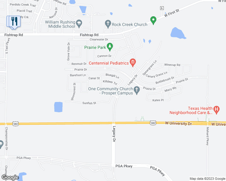 map of restaurants, bars, coffee shops, grocery stores, and more near 2810 Firefly Place in Prosper