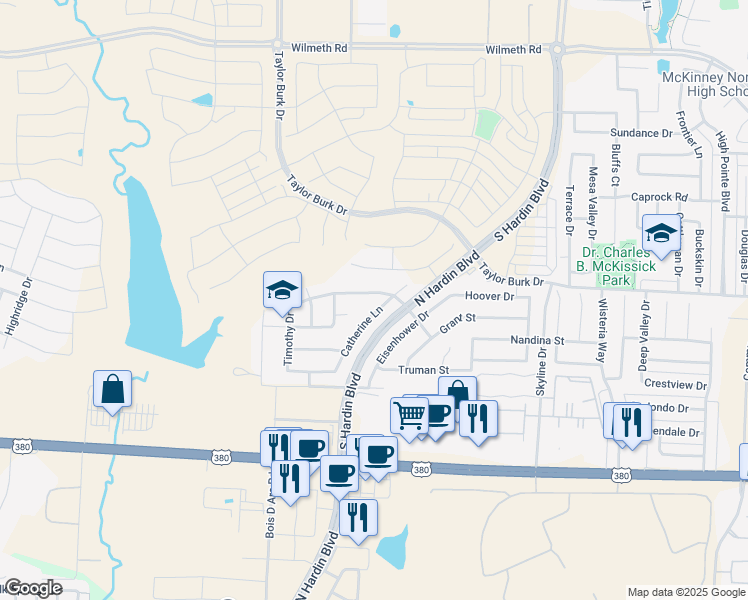 map of restaurants, bars, coffee shops, grocery stores, and more near 3705 Buchanan Street in McKinney