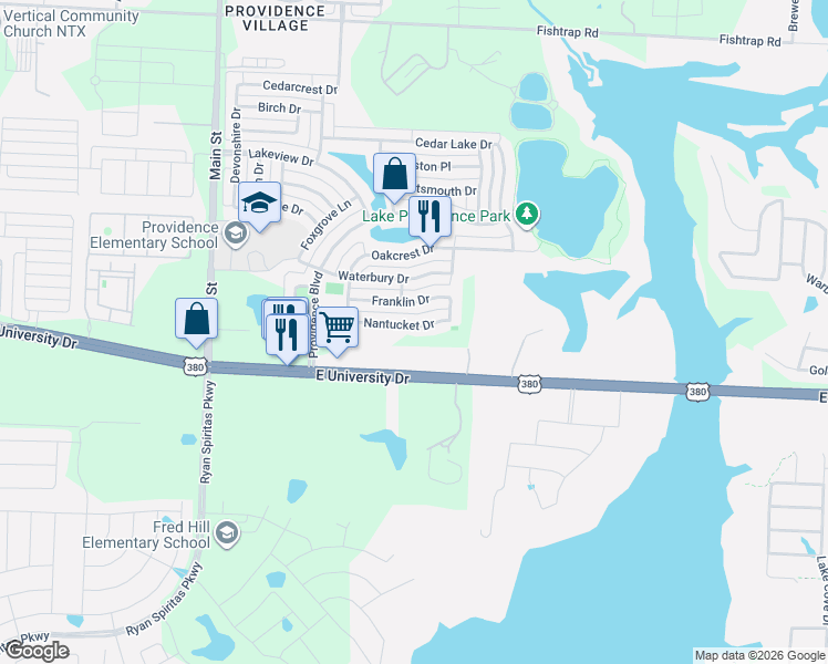 map of restaurants, bars, coffee shops, grocery stores, and more near 10317 Nantucket Drive in Denton County
