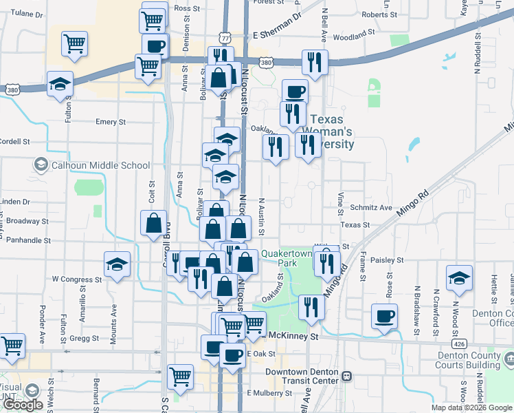 map of restaurants, bars, coffee shops, grocery stores, and more near 200 Sawyer Avenue in Denton