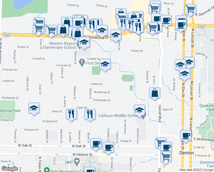 map of restaurants, bars, coffee shops, grocery stores, and more near 1205 Linden Drive in Denton