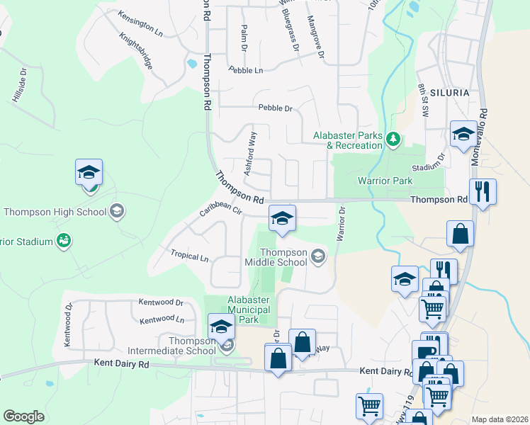 map of restaurants, bars, coffee shops, grocery stores, and more near 1144 Caribbean Circle in Alabaster