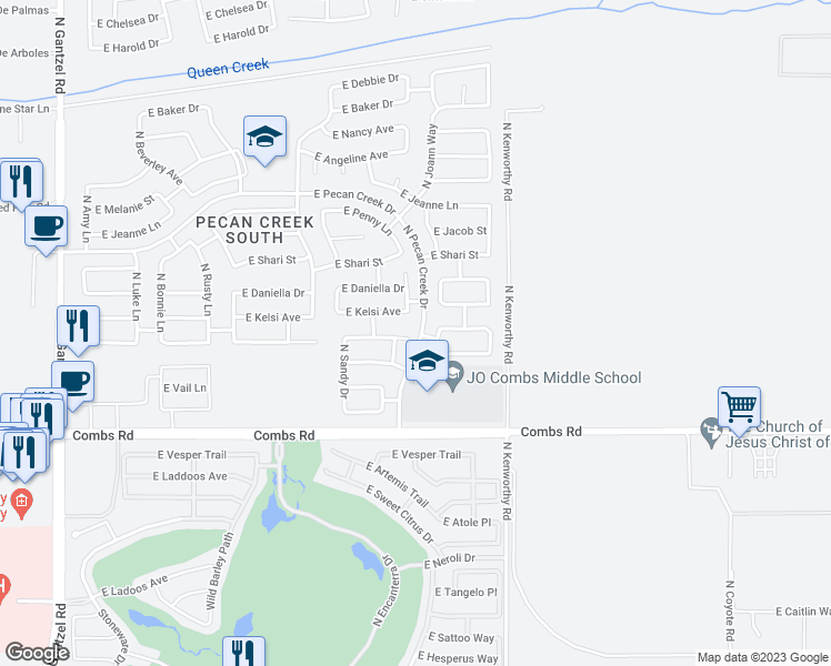 map of restaurants, bars, coffee shops, grocery stores, and more near 1516 East Leslie Avenue in San Tan Valley