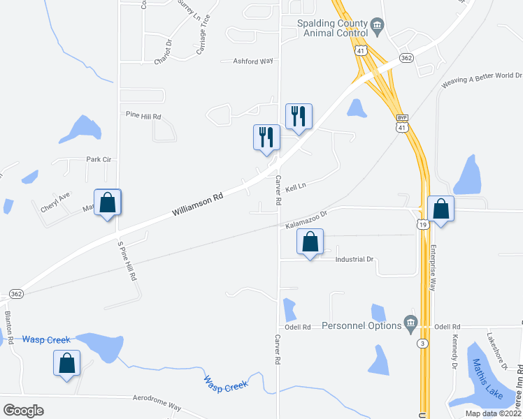 map of restaurants, bars, coffee shops, grocery stores, and more near 1130 Brentwood Circle in Griffin