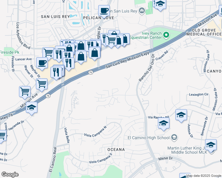 map of restaurants, bars, coffee shops, grocery stores, and more near 3880 San Ramon Drive in Oceanside