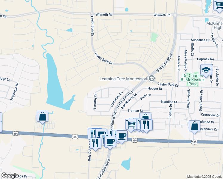 map of restaurants, bars, coffee shops, grocery stores, and more near 3737 Buchanan Street in McKinney